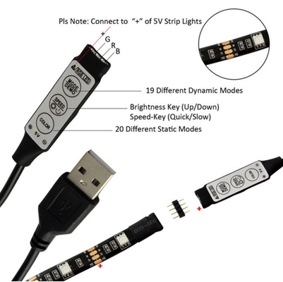 Weiblicher 1m schwarzer LED-Streifen mit 5V-Stromversorgung und 3-Schlüssel-USB-Controller